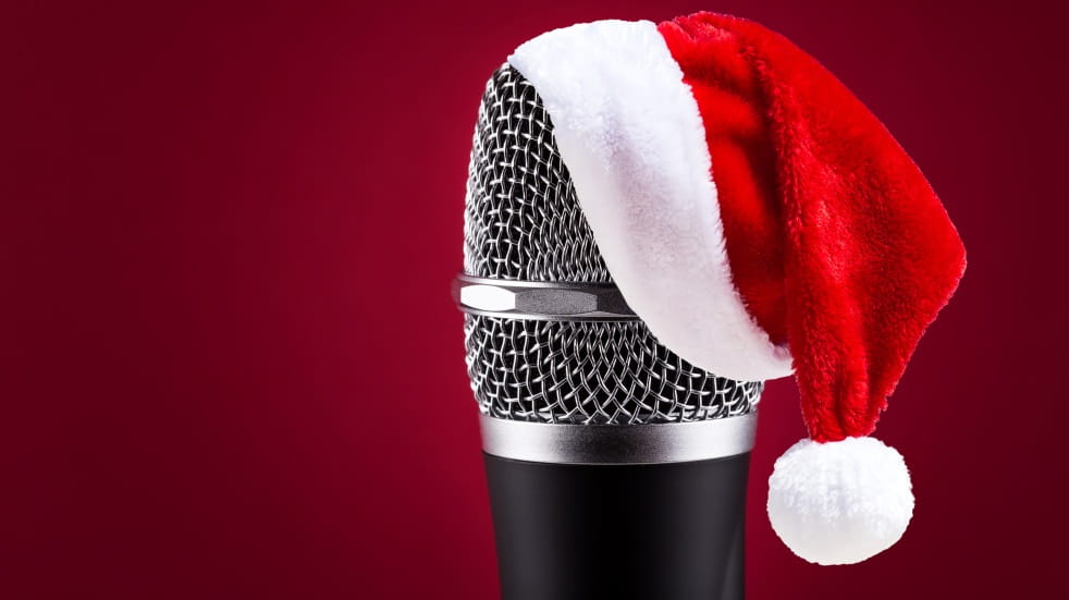 microphone with festive hat on